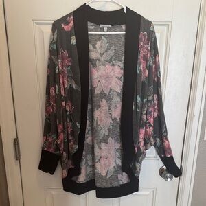 white birch Gray Floral Open-Front Cardigan with Pink Flowers